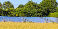 A shot of solar modules generating clean energy in a big park in northern Europe